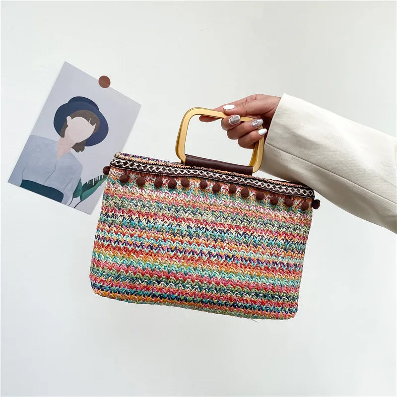Casual Straw Woven Hand Carrying Flap Striped Summer Beach PP Straw Bag