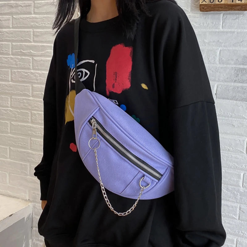 Casual Street Chest Bag Women Solid Fanny Belt Pouch Chain Zipper