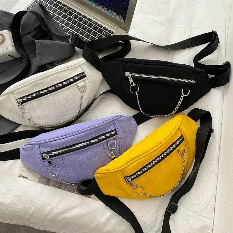 Casual Street Chest waist Bag Women canvas fanny pack Belt Pouch Chain Zipper