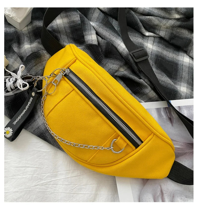 Casual Street Chest waist Bag Women canvas fanny pack Belt Pouch Chain Zipper