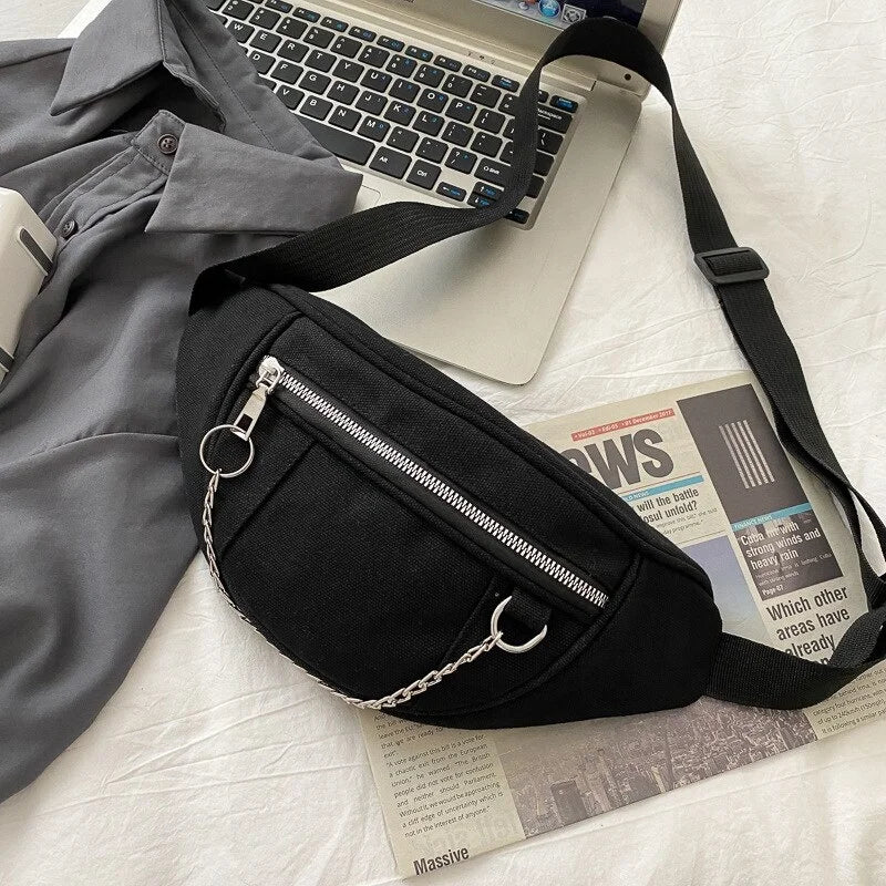Casual Street Chest waist Bag Women canvas fanny pack Belt Pouch Chain Zipper