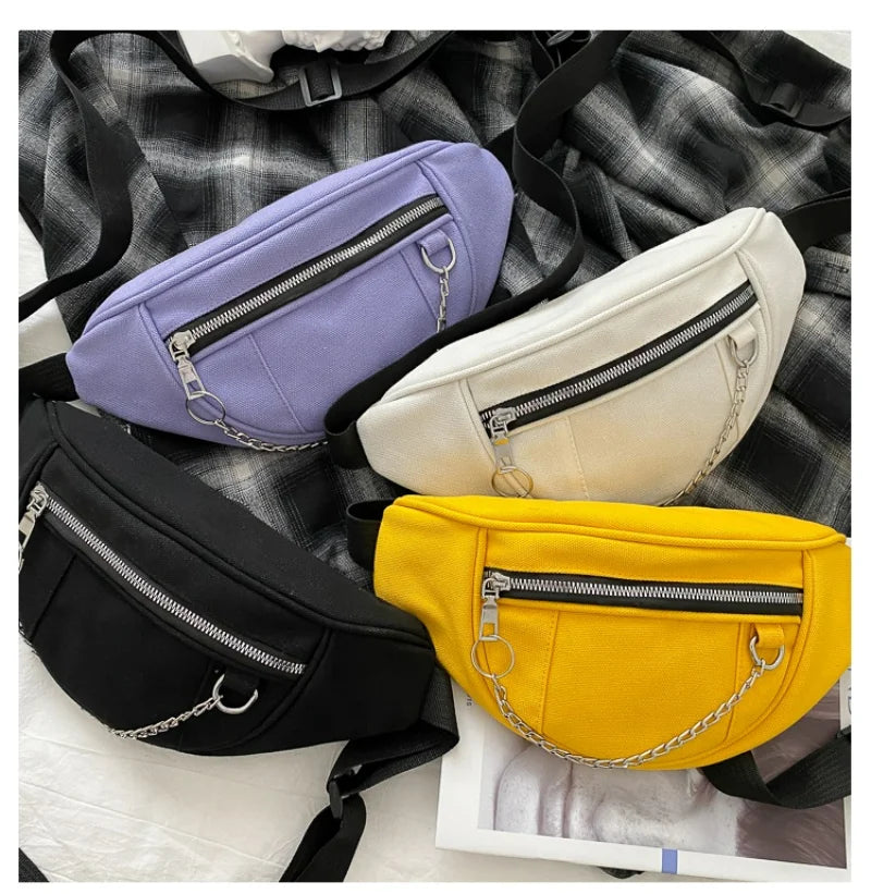 Casual Street Chest waist Bag Women canvas fanny pack Belt Pouch Chain Zipper