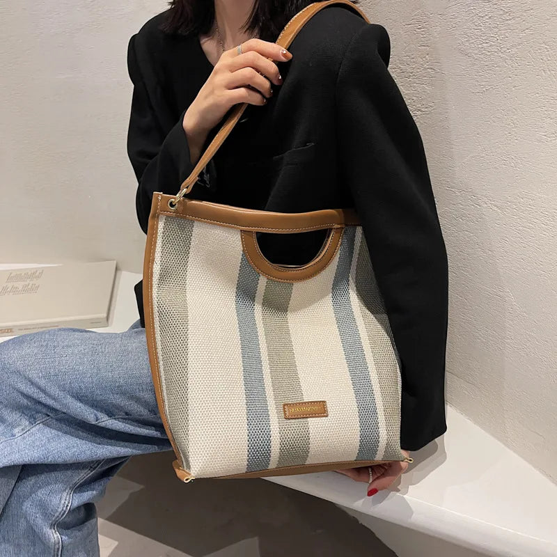 Casual Striped Canvas Tote Bag Women Shoulder Bags Lady Handbags