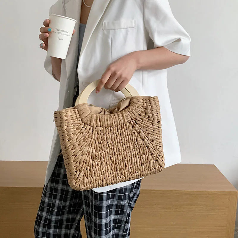 Casual Summer Straw Tote Bag Women Travel Handbag Lady Shoulder Beach Soild