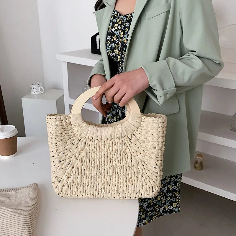 Casual Summer Straw Tote Bag Women Travel Handbag Lady Shoulder Beach Soild