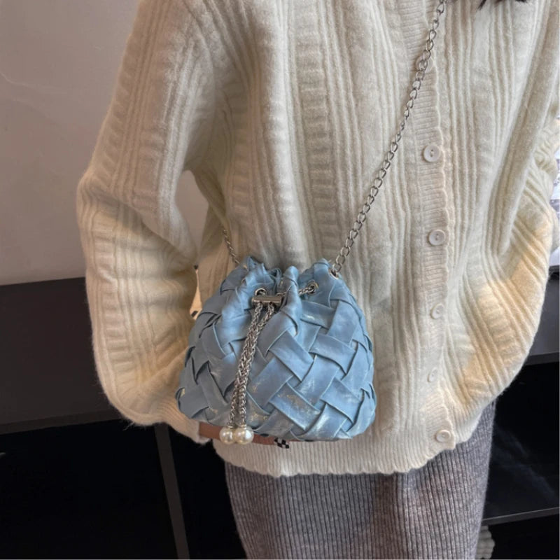 Casual Weaving Shoulder Bags for Women PU Leather Bucket Shape Chains Crossbody
