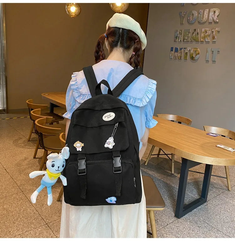 Casual Canvas Backpacks with Rabbit Pendant for Students Girls