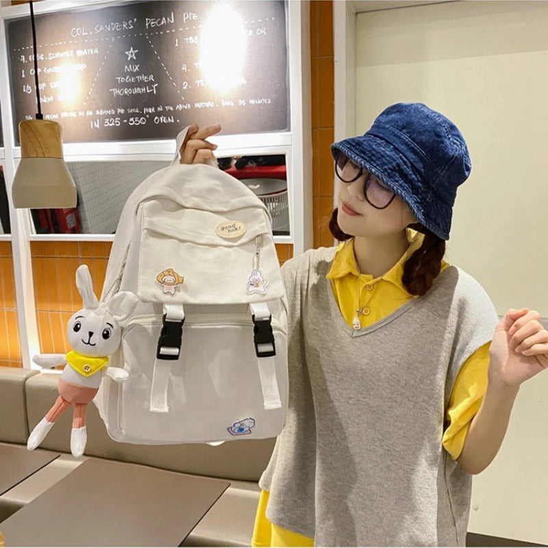 Casual Canvas Backpacks with Rabbit Pendant for Students Girls