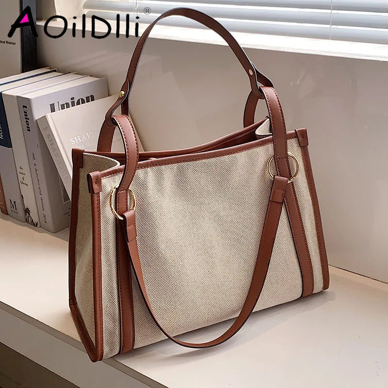 Casual Women Canvas Handbags High Ladies Large Capacity Shoulder Tote Bag Chain