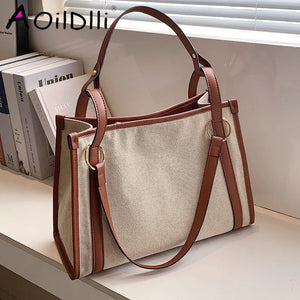 Casual Women Canvas Handbags High Ladies Large Capacity Shoulder Tote Bag Chain