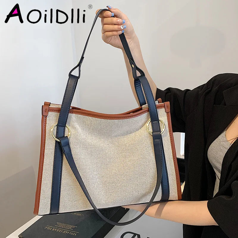 Casual Women Canvas Handbags High Ladies Large Capacity Shoulder Tote Bag Chain