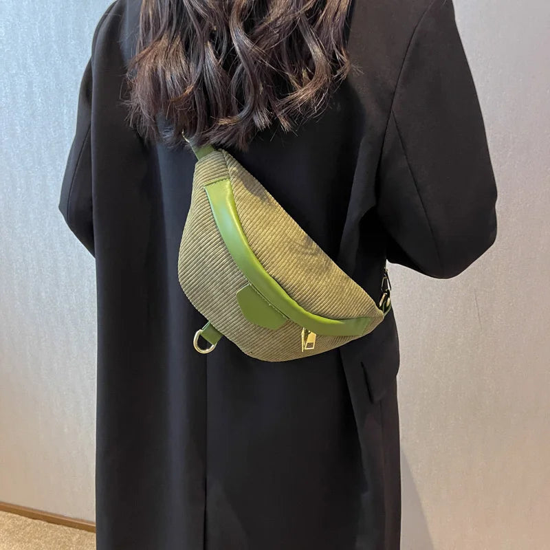 Casual Women Green Brown Corduroy Crossbody Bag Retro Lady Fanny Waist Pack Bags