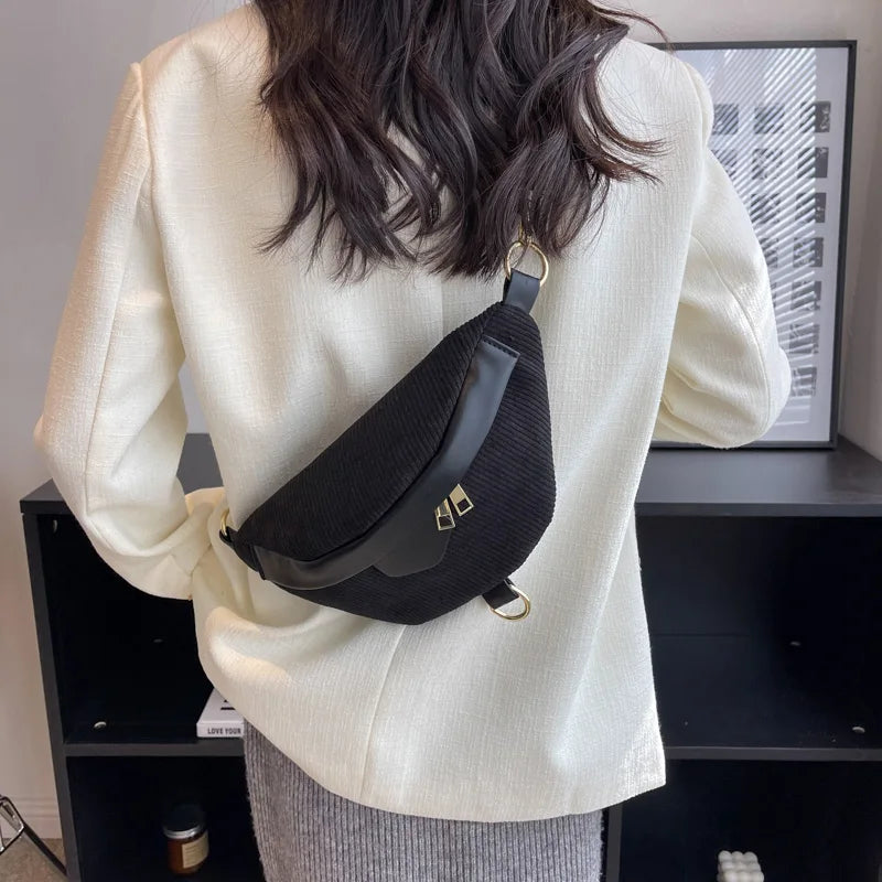 Casual Women Green Brown Corduroy Crossbody Bag Retro Lady Fanny Waist Pack Bags