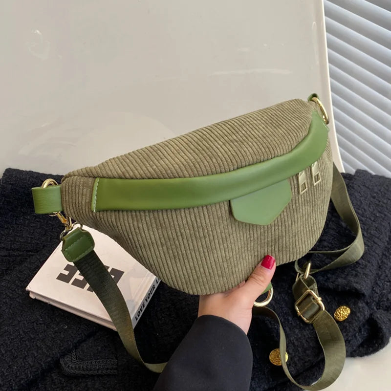 Casual Women Green Brown Corduroy Crossbody Bag Retro Lady Fanny Waist Pack Bags