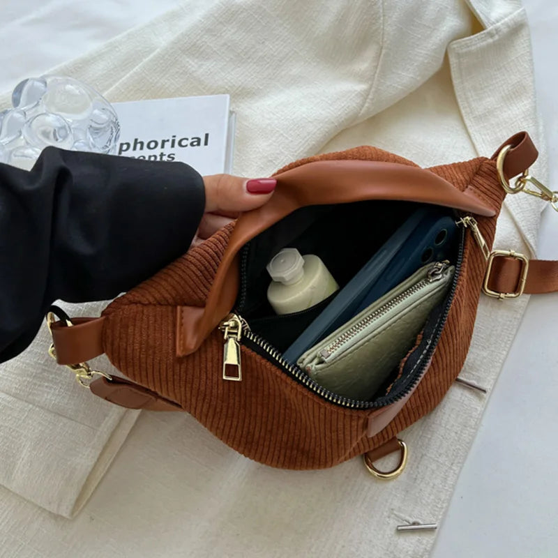 Casual Women Green Brown Corduroy Crossbody Bag Retro Lady Fanny Waist Pack Bags