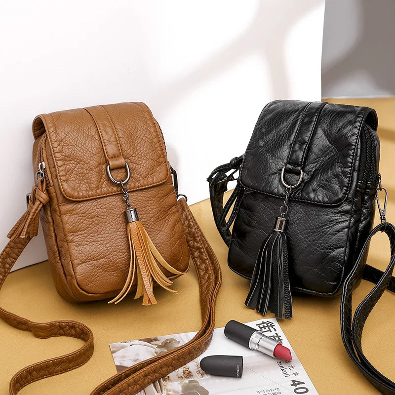 Casual Women Phone Bag Purses Leather Tassel Shoulder Bag