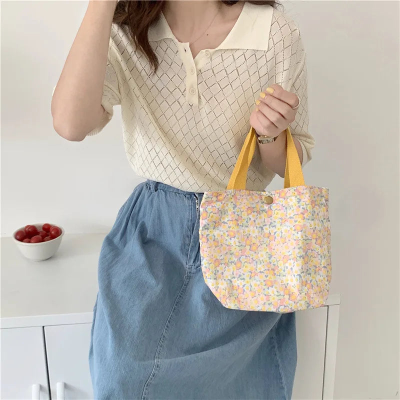 Casual Portable Lunch Bento Bag Retro Flower Ladies Small Handbags Cotton