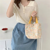 Casual Portable Lunch Bento Bag Retro Flower Ladies Small Handbags Cotton