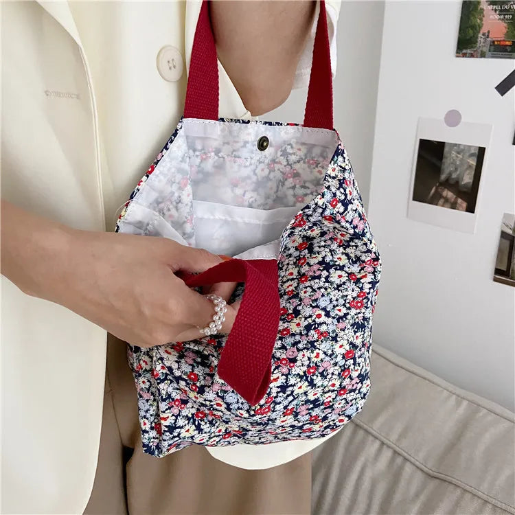 Casual Portable Lunch Bento Bag Retro Flower Ladies Small Handbags Cotton