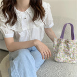 Casual Portable Lunch Bento Bag Retro Flower Ladies Small Handbags Cotton