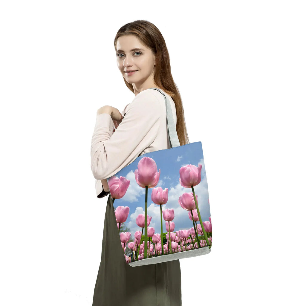 Casual Women Shopping Tote Bags High Tulip Floral Print Handbags