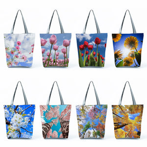 Casual Women Shopping Tote Bags High Tulip Floral Print Handbags