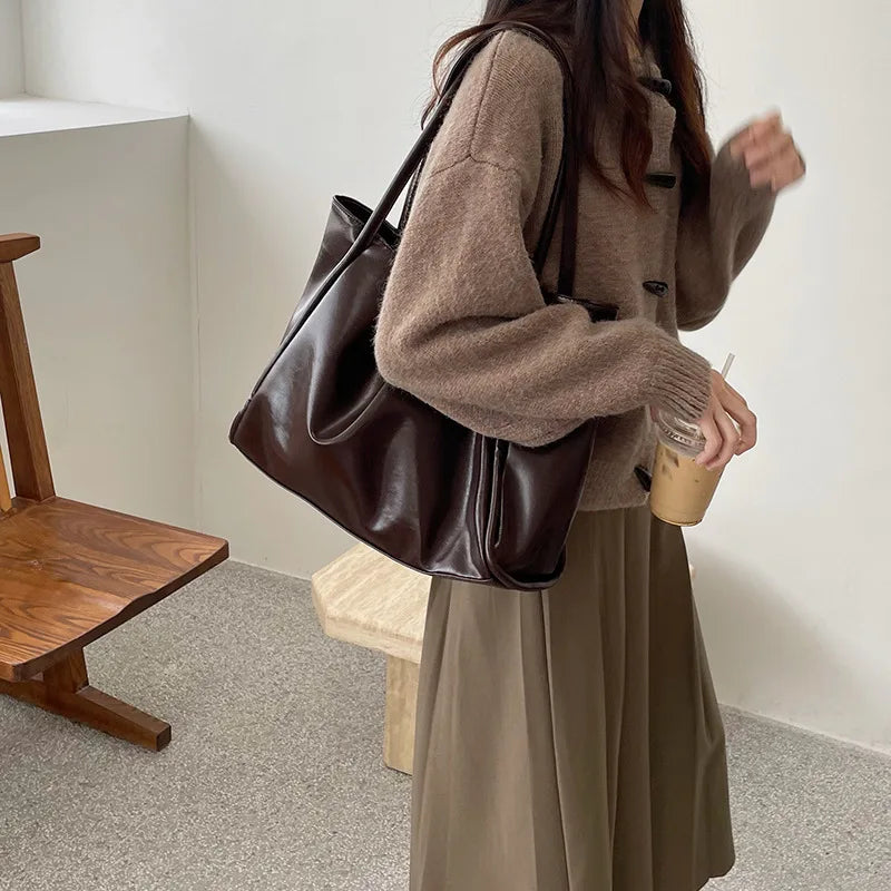 Casual Women Tote Handbags Soft Leather Shoulder Bag High Capacity Shopping Bag
