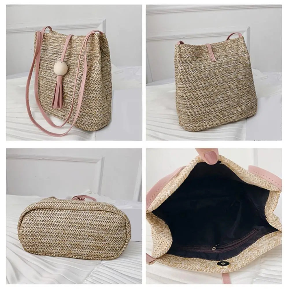 Casual One-shoulder Straw Bag Wild Bucket Bag Female Weave Handbag