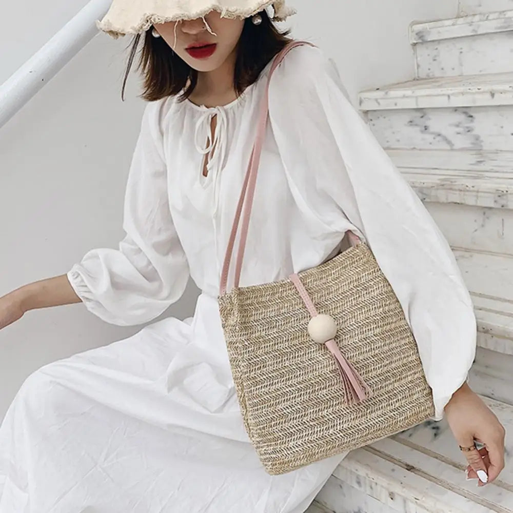 Casual One-shoulder Straw Bag Wild Bucket Bag Female Weave Handbag