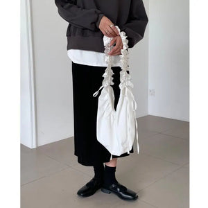 Casual Fold Lace Shopping Bag Drawstring Large Capacity Canvas Women Bags