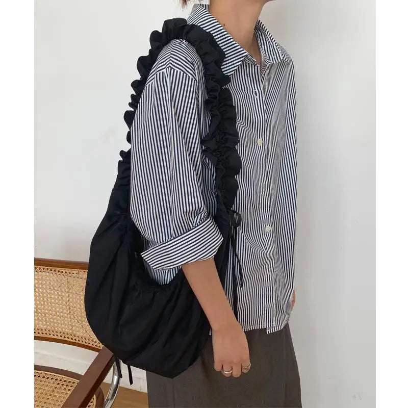 Casual Fold Lace Shopping Bag Drawstring Large Capacity Canvas Women Bags