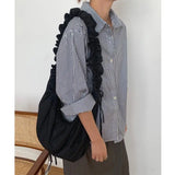 Casual Fold Lace Shopping Bag Drawstring Large Capacity Canvas Women Bags
