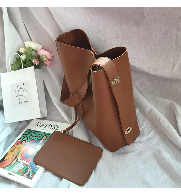 Casual Women Composite Bags Large Capacity Solid Bucket Shoulder Crossbody Bags