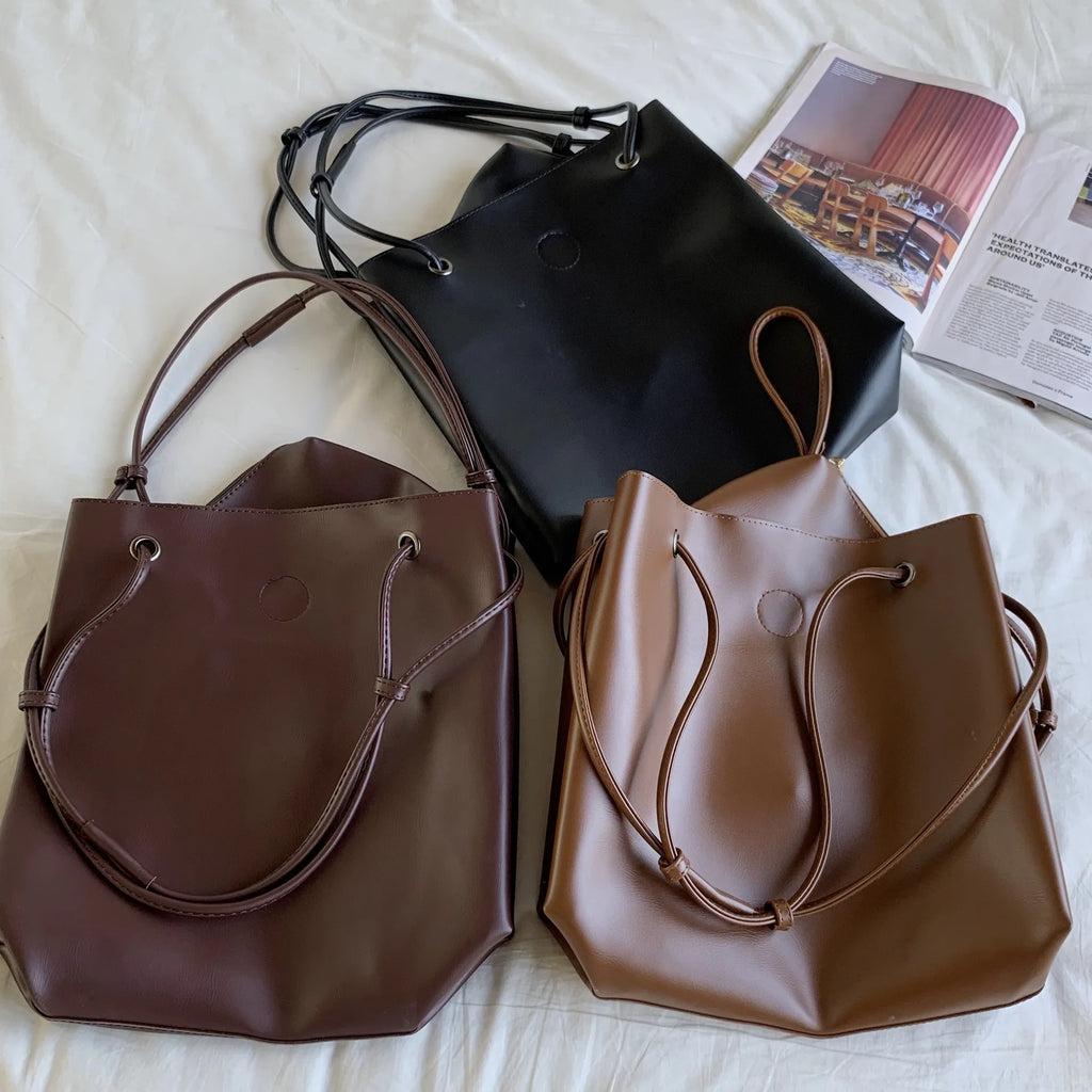 Casual Shoulder Bag Soft Leather Bucket Tote Brown