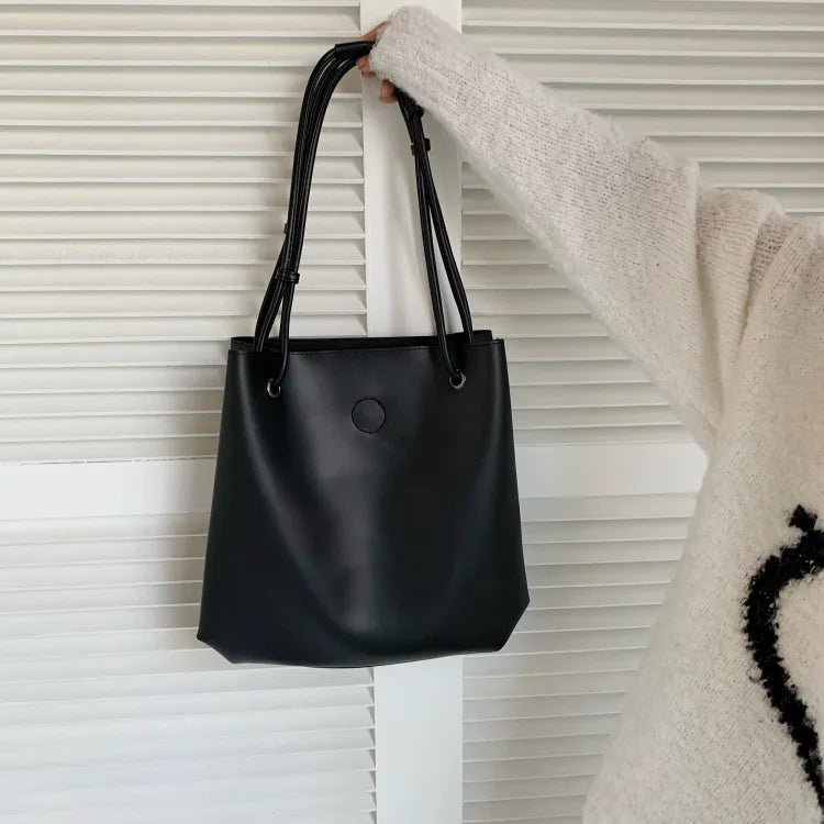Casual Shoulder Bag Soft Leather Bucket Tote Brown