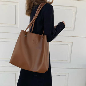 Casual Shoulder Bag Soft Leather Bucket Tote Brown
