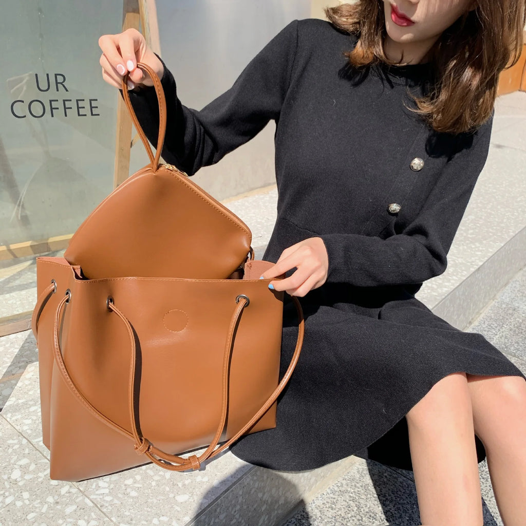 Casual Shoulder Bag Soft Leather Bucket Tote Brown