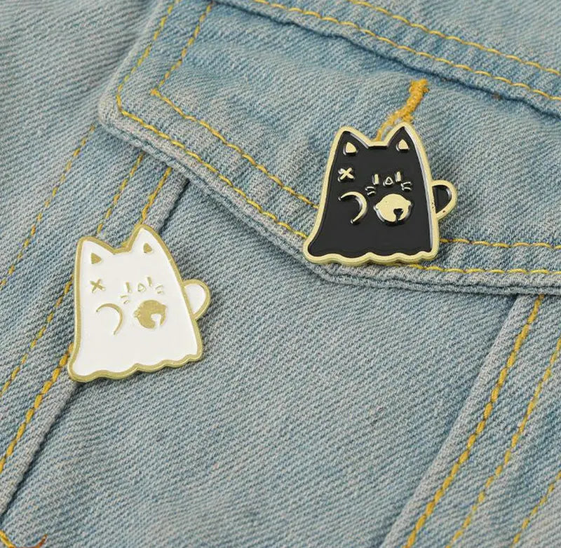 Cat Boo Enamel Pins Ghost Gothic Lapel Badges