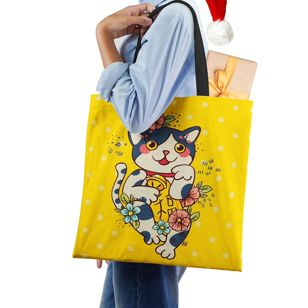 Cat Cartoon Shoulder Bag Japanese Shopping Reusable Canvas Tote Bag Women