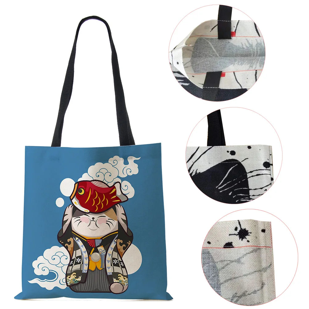 Cat Cartoon Shoulder Bag Japanese Shopping Reusable Canvas Tote Bag Women