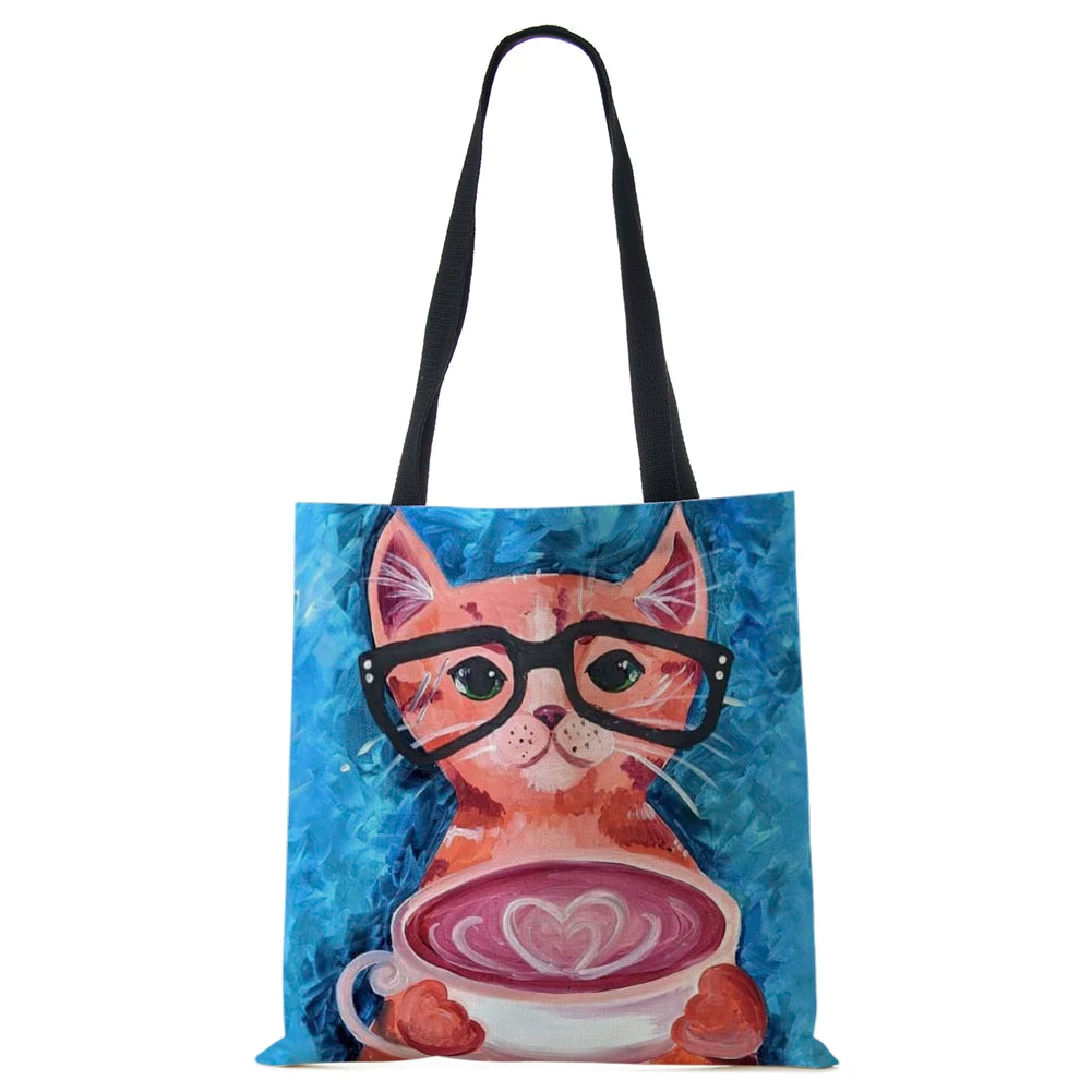 Cat Print Canvas Shoulder Bag Women Shopping Reusable Handbag Large Capacity