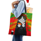 Cat Print Canvas Shoulder Bag Women Shopping Reusable Handbag Large Capacity