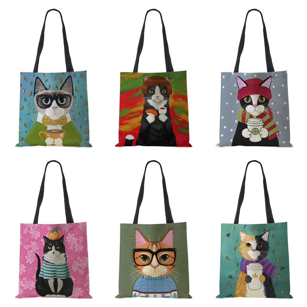 Cat Print Canvas Shoulder Bag Women Shopping Reusable Handbag Large Capacity