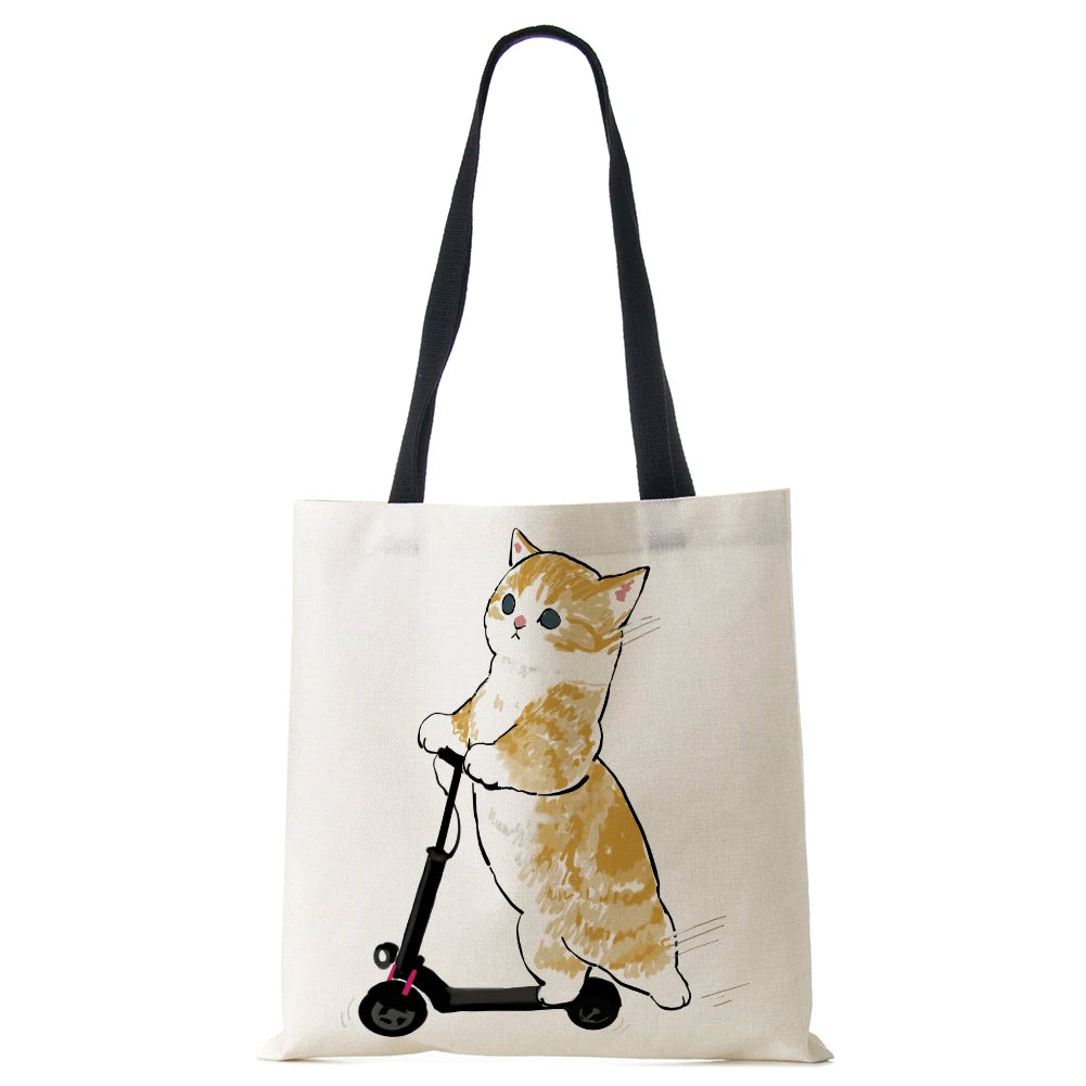 Cat Print Handbag Women Casual Folding Shopping Shoulder Bag