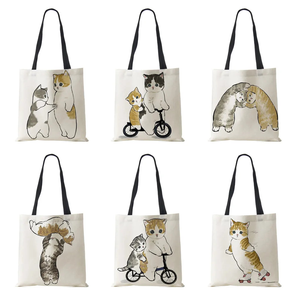 Cat Print Handbag Women Casual Folding Shopping Shoulder Bag