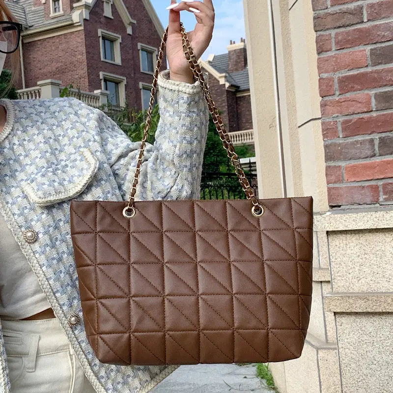 Brown Chain Quilted Shoulder Bag Large Tote Bag Zipper Leather Sh