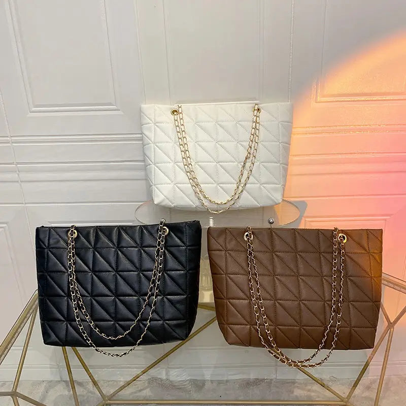 Brown Chain Quilted Shoulder Bag Large Tote Bag Zipper Leather Sh