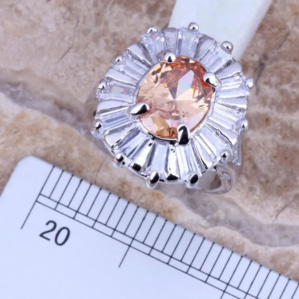Champagne Morganite CZ Silver Plated Jewelry Set - Size 6 7 8 9 10
