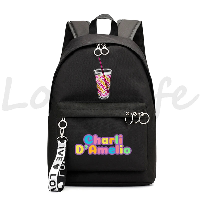 Charli DAmelio Milk Tea Cup School Backpack Girls Chain Accessories Bag