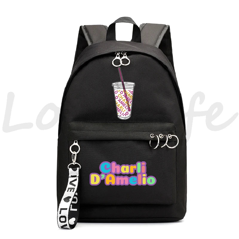 Charli DAmelio Milk Tea Cup School Backpack Girls Chain Accessories Bag